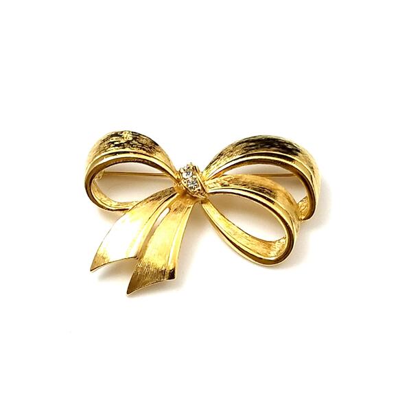Avon Bow Brooch, Gold Plated, Clear Rhinestones, 1960s Jewelry - Picture 7 of 10